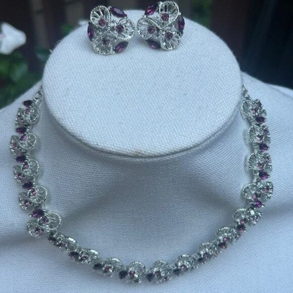 DODDS Purple Rhinestone Silver Link Statement NECKLACE/EARRINGS SET - Picture 2 of 11